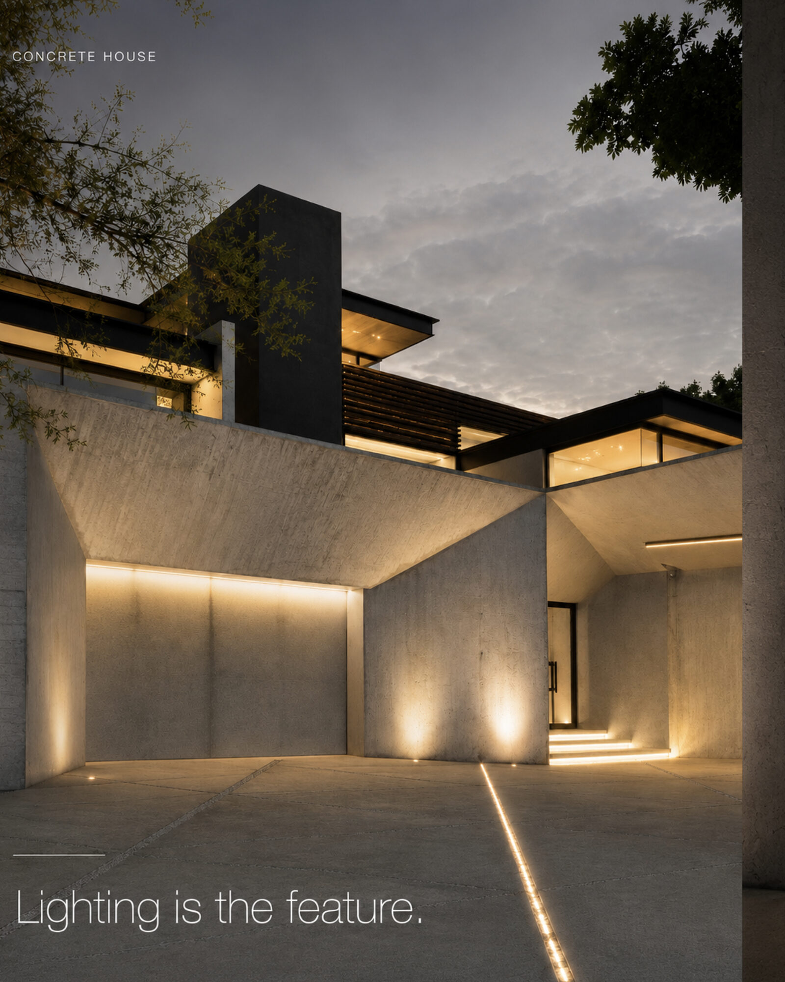 Exterior concrete architecture with integrated feature lighting on driveway and façade