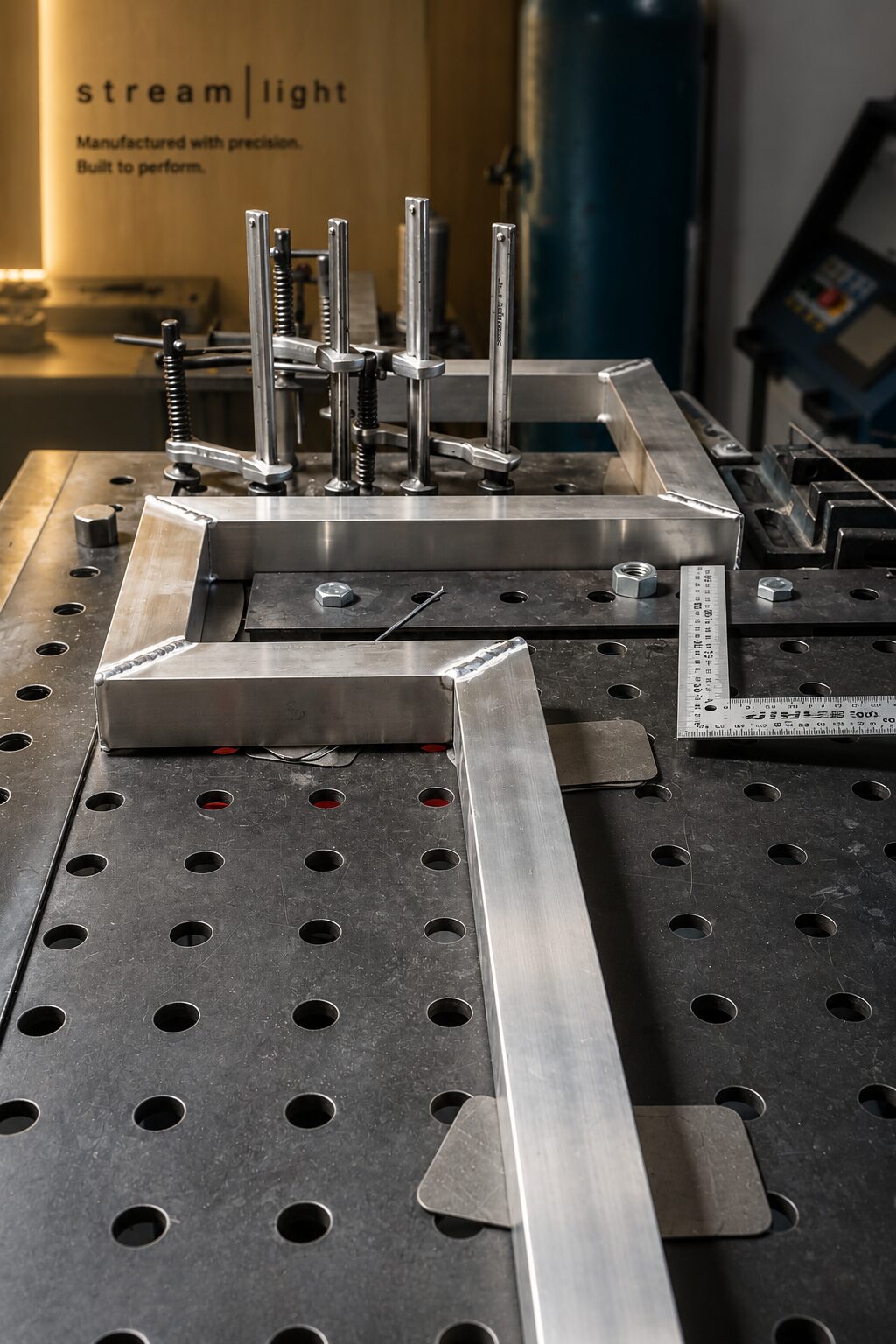 Metal fabrication jig and welded aluminium light fixture frame in the Streamlight factory